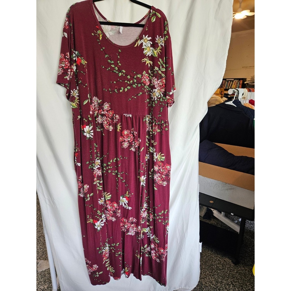 BISHUIGE Womens 6XL Burgundy Floral Maxi Dress Short Sleeve Pockets Plus Size